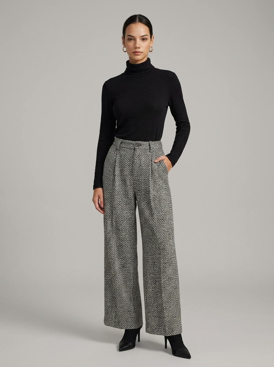 Ruœgy Pantalon Tweed Taille Haute Femme