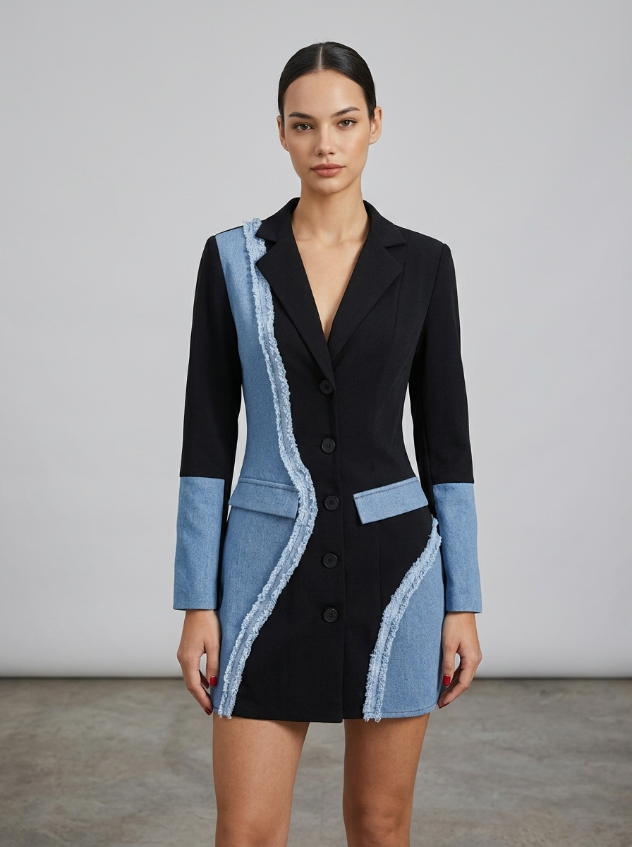 Robe Blazer Courte Femme en Denim Patchwork à Manches Longues