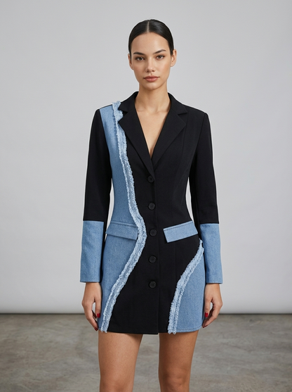Robe Blazer Courte Femme en Denim Patchwork à Manches Longues