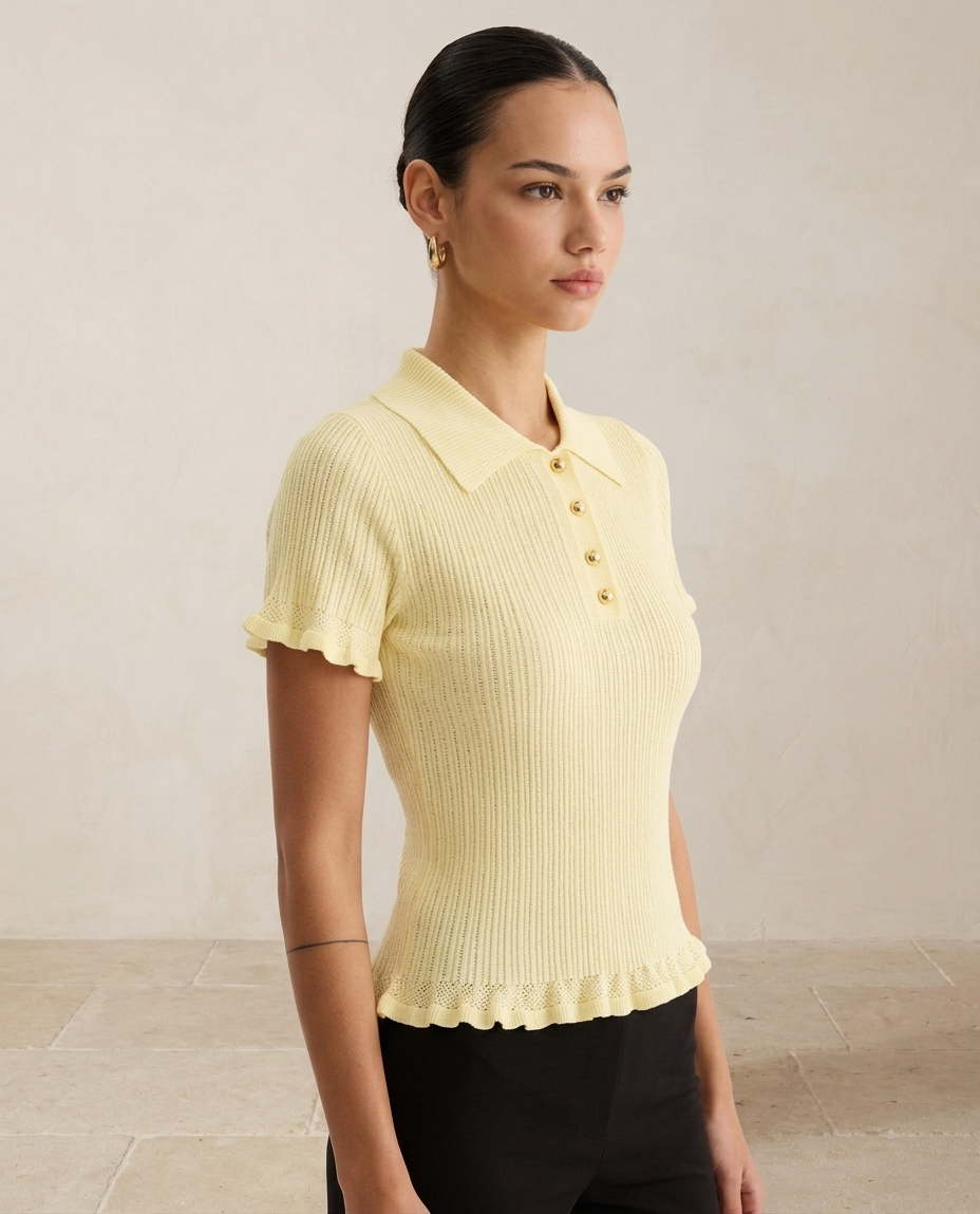 Ruœgy Top Maille Côtelée  à Col Volanté Femme