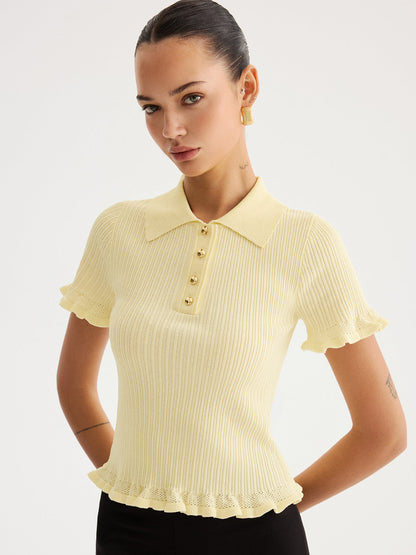 Ruœgy Top Maille Côtelée  à Col Volanté Femme
