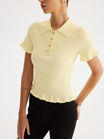 Ruœgy Top Maille Côtelée  à Col Volanté Femme