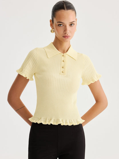 Ruœgy Top Maille Côtelée  à Col Volanté Femme