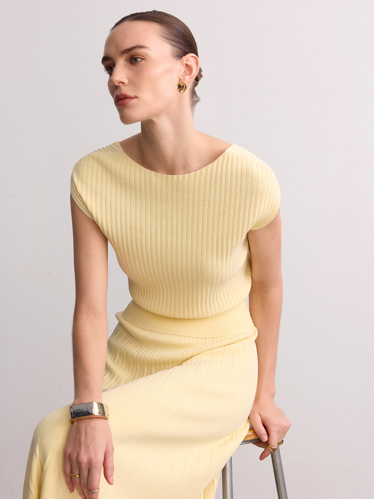 Ruœgy Top Maille Côtelée Manches Courtes Femme