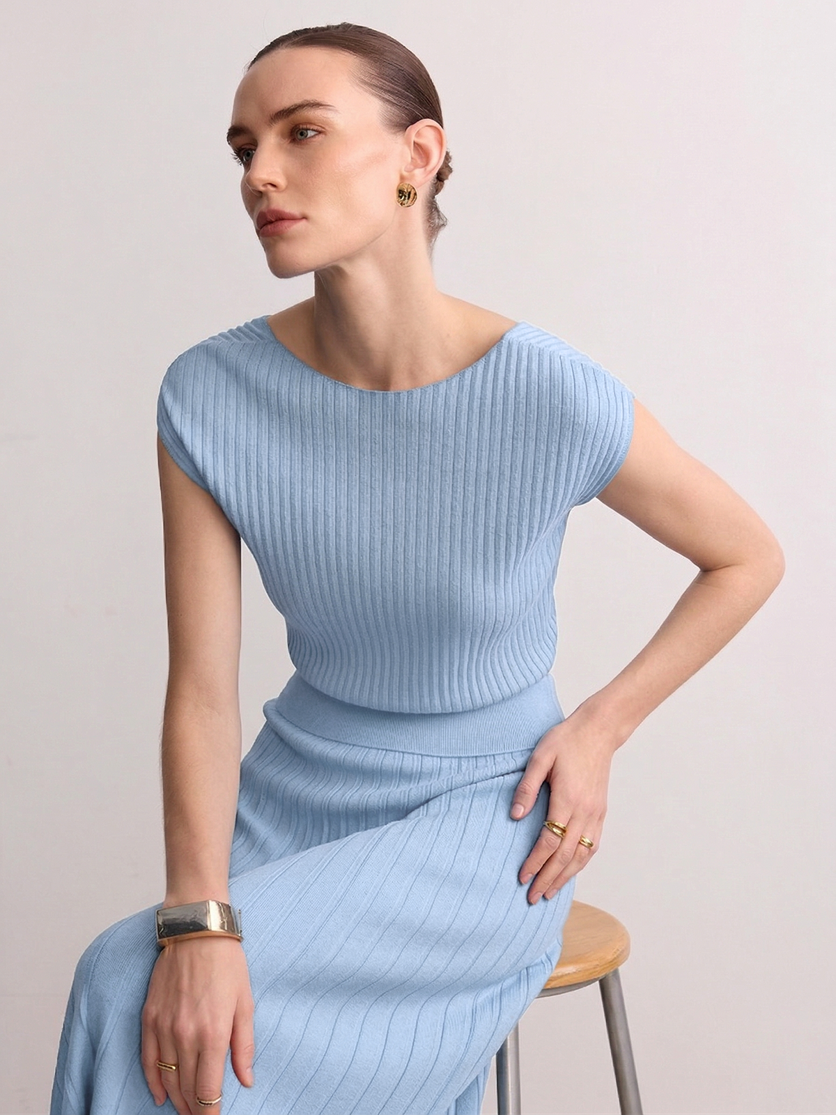 Ruœgy Top Maille Côtelée Manches Courtes Femme