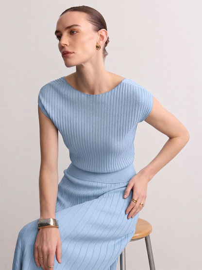 Ruœgy Top Maille Côtelée Manches Courtes Femme