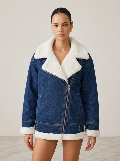 Veste Femme Ample Patchwork en Laine d’Agneau à Col Revers et Coupe Irrégulière