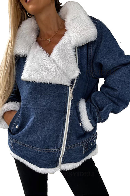 Veste Femme Ample Patchwork en Laine d’Agneau à Col Revers et Coupe Irrégulière