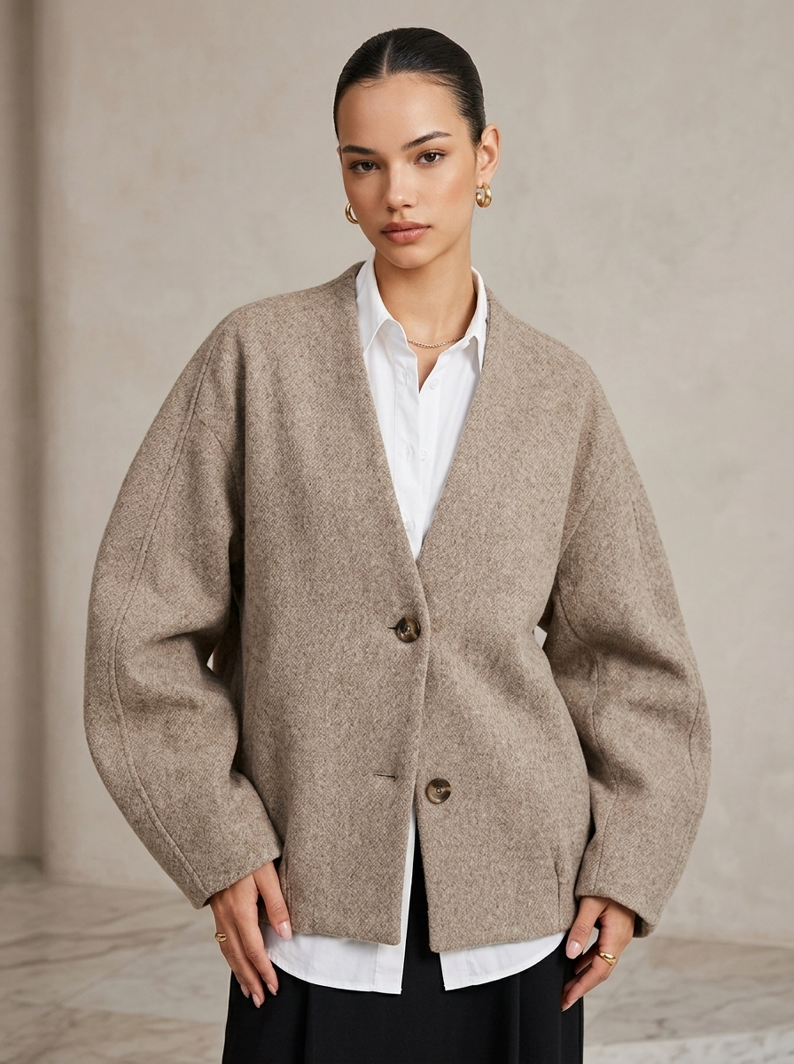 Veste Femme Courte et Cintrée à Col V avec Fermeture Boutonnée