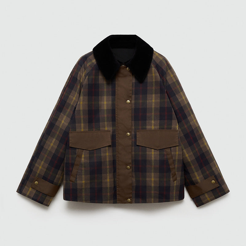 Ruœgy Veste à Carreaux Avec Col en Fausse Fourrure Femme