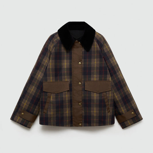 Ruœgy Veste à Carreaux Avec Col en Fausse Fourrure Femme