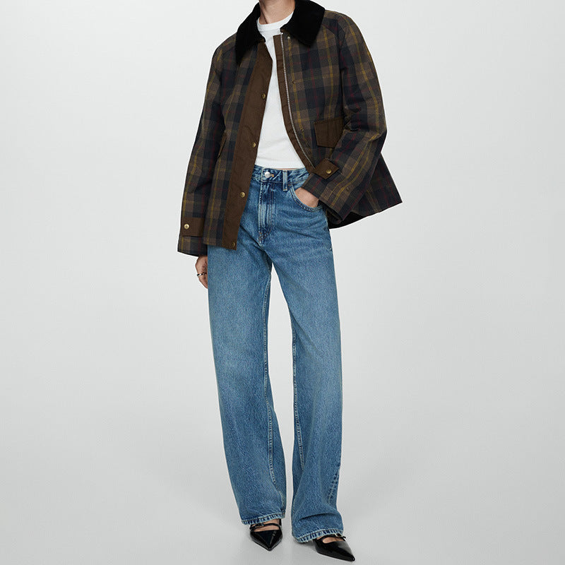 Ruœgy Veste à Carreaux Avec Col en Fausse Fourrure Femme