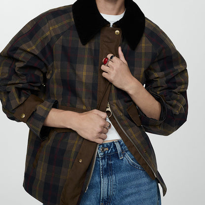 Ruœgy Veste à Carreaux Avec Col en Fausse Fourrure Femme