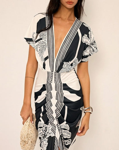Ruœgy Printed V Neck Midi Dress