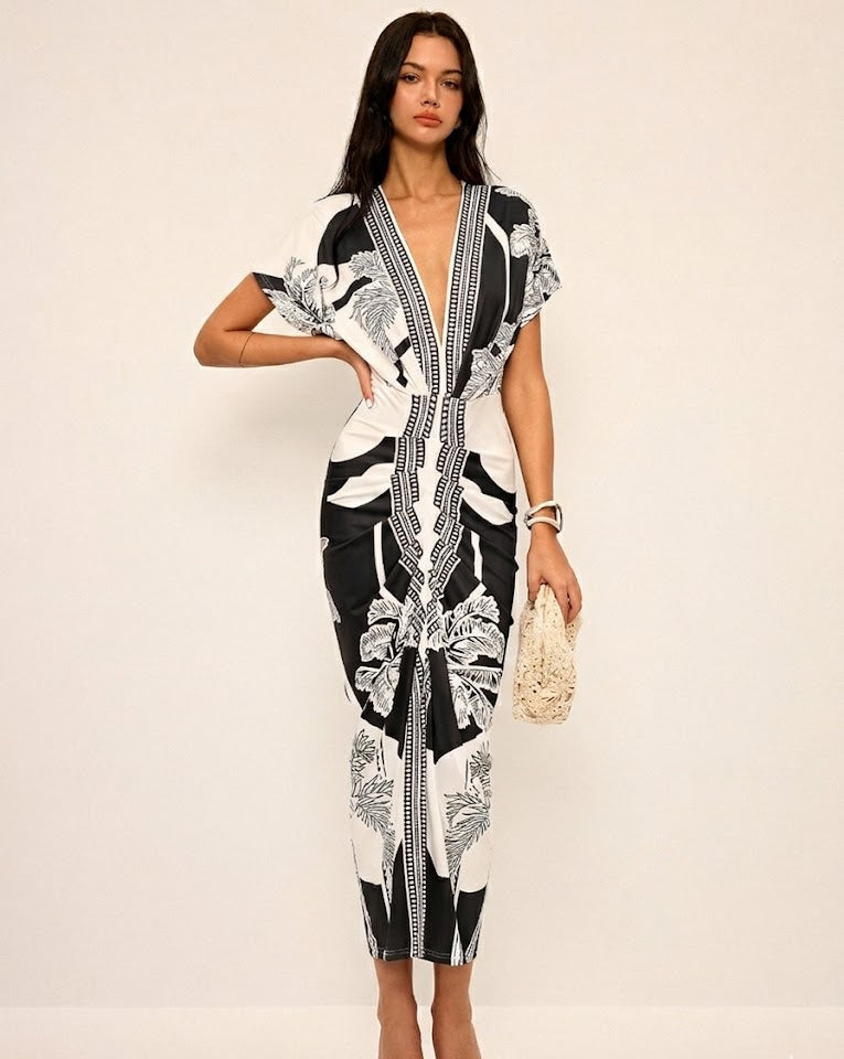 Ruœgy Printed V Neck Midi Dress