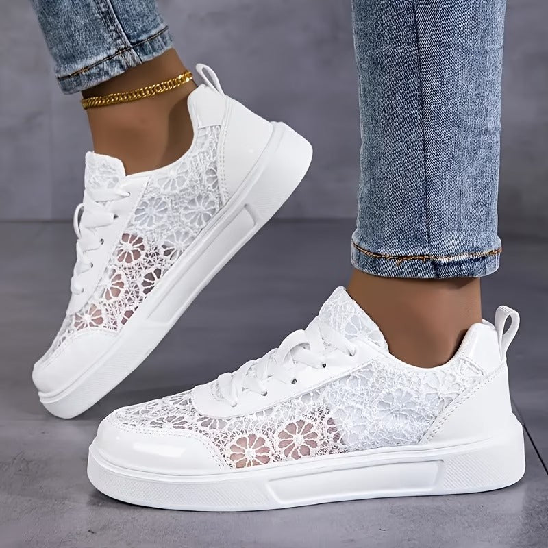 Baskets Femme en Dentelle Fleurie Respirante à Lacets et Semelle Légère