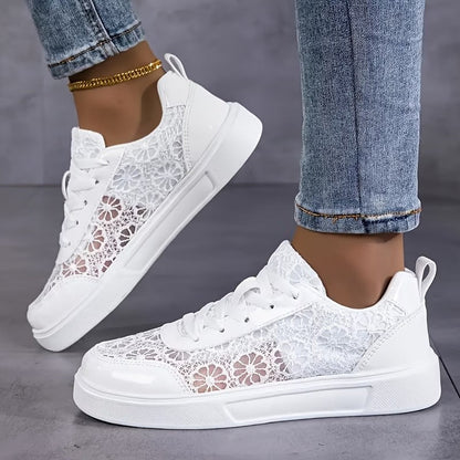 Baskets Femme en Dentelle Fleurie Respirante à Lacets et Semelle Légère