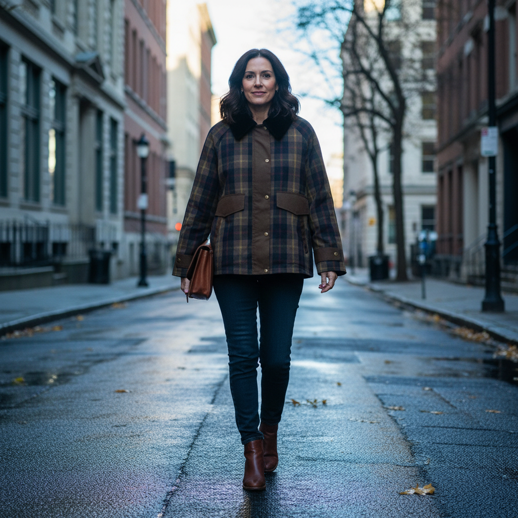 Ruœgy Veste à Carreaux Avec Col en Fausse Fourrure Femme