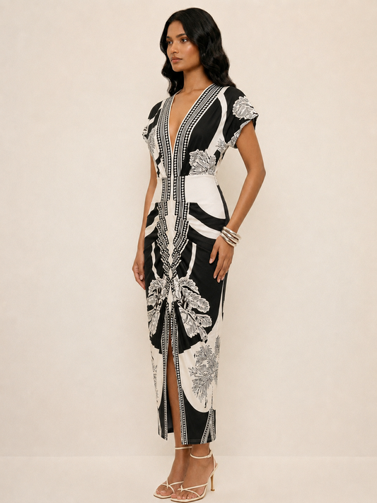 Ruœgy Robe Midi Imprimée à Col En V Femme